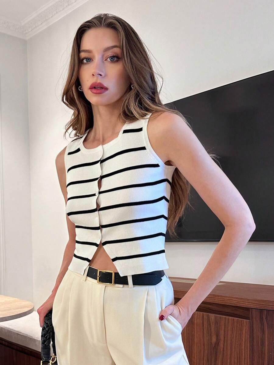 Pariaura Women's Sleeveless Striped Knit Top Casual Scoop Neck Rib-Knit Tank Top In Black And White Stripes Knit Pullover Fall Winter