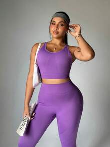 SHEIN Sport Studio Set di reggiseno sportivo senza cuciture e pantaloni lunghi, taglia comoda, per il fitness delle donne