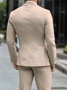 Manfinity Mode Men's Plain Color Business Casual Blazer Jacket & Pants Set, Old Money Style - Khaki - View 2