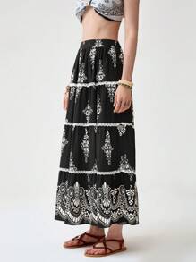Florisole Boho Floral Print Lace Skirt For Women - الأسود - مشاهدة 3