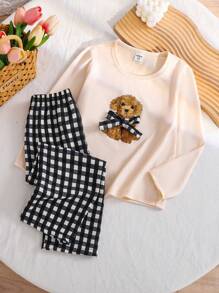 SHEIN Genkimix Kids 2件套女童卡通小狗蝴蝶结印花针织长袖上衣和长裤睡衣套装 - 杏色 - 查看 1
