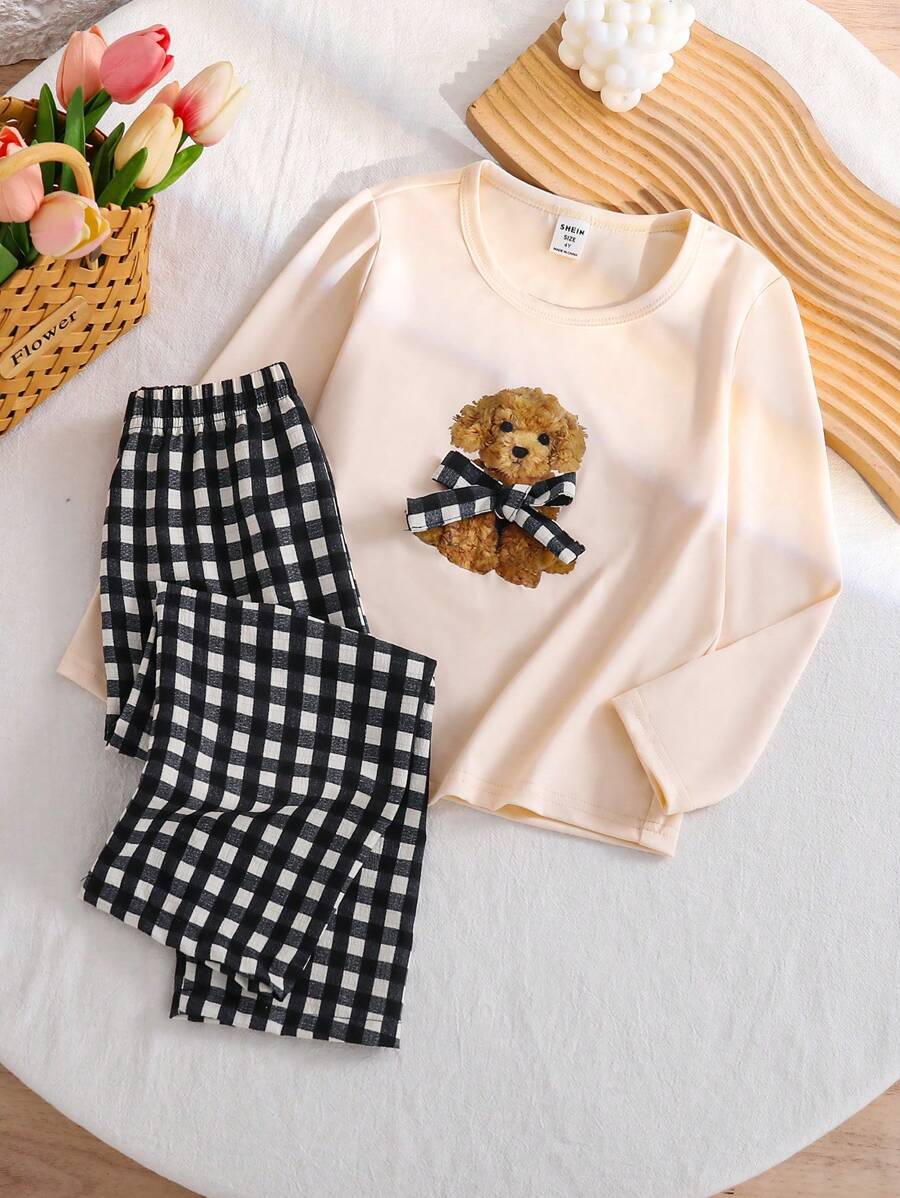 SHEIN Genkimix Kids 2件套女童卡通小狗蝴蝶结印花针织长袖上衣和长裤睡衣套装 - 杏色 - 查看 1