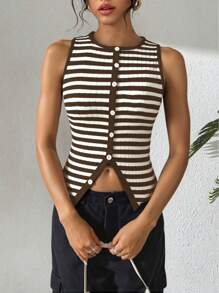 SHEIN LUNE 女士时尚拼色条纹开衩腰修身圆领背心 - 彩色 - 查看 3