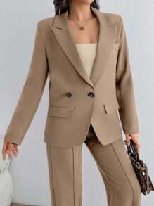 SHEIN Cottnline Damkostym med asymmetriskt, elegant set med dubbla knappar och kaffebrunt mönster - Beige - Visa 6