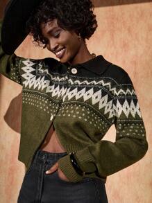 Bóhologie Nordic-Inspired Button-Up Cardigan In Deep Green With Black Contrast Yoke And Ribbed Hems - Green - View 1
