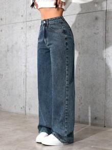 Jeanoix Quần Jeans Ống Rộng Dáng Rộng Thường Ngày Cho Nữ - Rửa tối - Xem 4