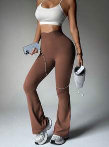 Easithlete Women's Seamless Asymmetric Waist Flare Sports Pants, Solid Color,Women's Tight-Fitting Dancing Flared Yoga Sports Pants,High Waist Flare Yoga Pants, Butt Lifting, Stretchy, Loose Flare Leg Sports Pants, Machine Washable, For Women - Brown - View 5