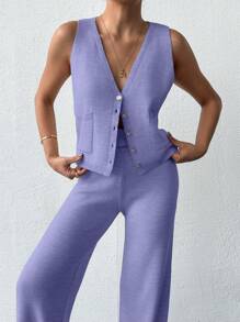 SHEIN Cottnline 2pcs/Set Women Solid Color Single-Breasted Pocket Knitted Vest And Knitted Pants - Lilac Purple - View 5