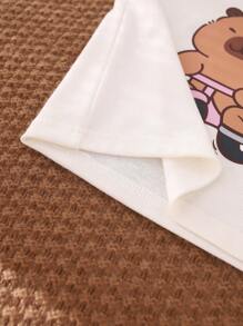 Young Girl Cute Cartoon Bear & Plaid Pattern Short Sleeve T-Shirt And Pants Set, Casual Home/Sleepwear Outfit - Multicolor - View 7