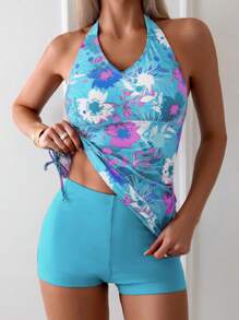 Swim Lushoire 女款花卉印花掛脖式分體式泳衣套裝，印花款式隨機，適合夏季海灘度假 - 薄荷藍 - 查看 3