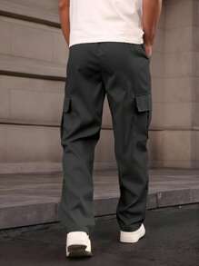 Pantalón cargo casual de hombre de unicolor con cordón, ropa de calle diaria