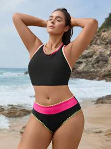 Swim SPRTY Bộ đồ bơi bikini cổ tròn màu trơn cỡ lớn cho nữ, đồ bơi đi biển ngày lễ thường ngày - màu đen - Xem 6