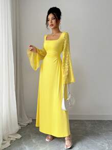Elenzga 优雅复古风格法式香草色长袖方领修身黄色连衣裙，适合女士，优雅教师装，秋季