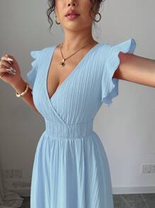 Elenzga 女士纯色荷叶边下摆长款度假海滩装连衣裙 - 淺藍色 - 查看 3