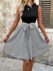 SHEIN LUNE Kỳ nghỉ Giải trí Váy không tay sọc khối màu - Đen và trắng - Xem 6