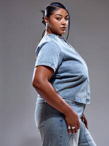 MUSERA Plus Size Crew Neck Boxy Fit Button Through Short Sleeve Denim Top Only Summer Streetstyle Vacation Holiday 90's Y2k Cute Casual City Muse Streetwear Back To School Office Work