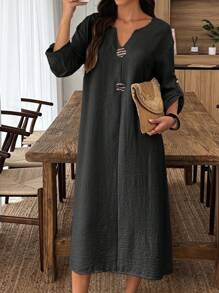 Louniche Vestido Decorativo com Botões de Madeira Retrô de Outono para Mulheres