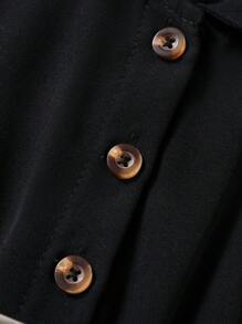 SHEIN Elladie kids 年轻女孩杏色翻领纽扣连体裤，带有褶边细节，适合日常通勤和休闲穿着 - 黑色 - 查看 7