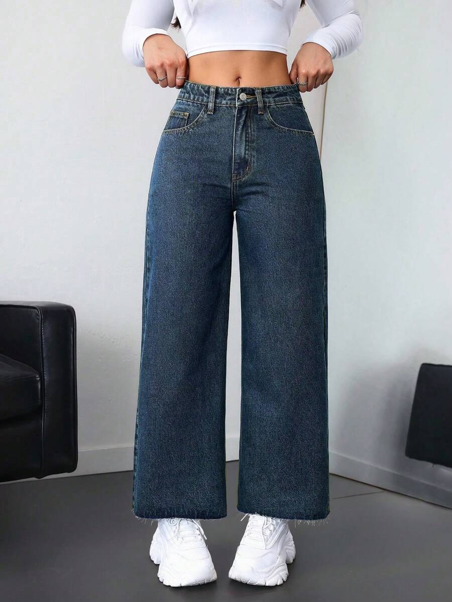 SHEIN ICON Casual Denim Jeans Pants, Simple & Fashionable For Everyday Wear - Dark Wash - View 1