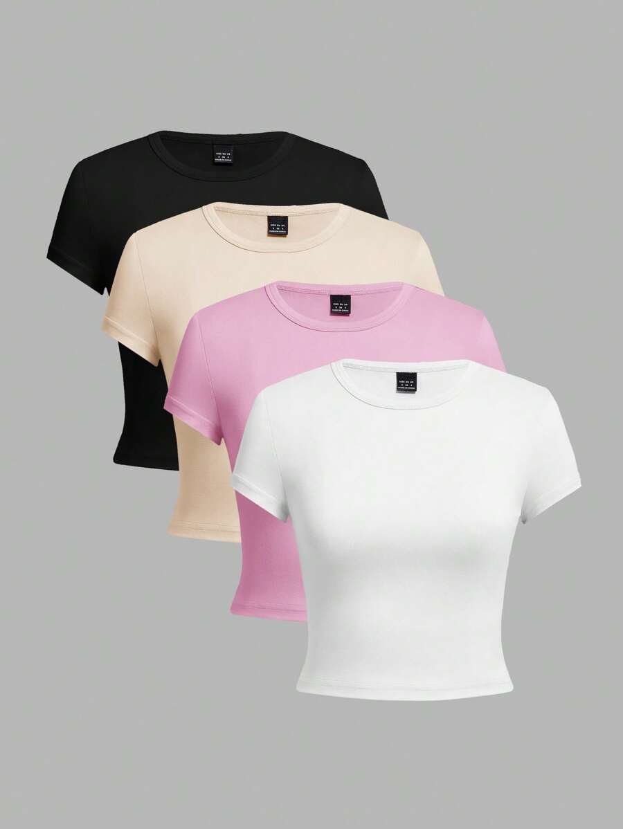SHEIN EZwear 4 件套黑色、杏色、粉色、白色休闲圆领短袖修身女式 T 恤，适合夏季 - 彩色 - 查看 1