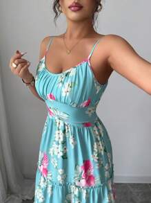 Selianne 波西米亚风无袖系腰印花中长连衣裙，适合女士、节日和夏季穿着 - 綠色 - 查看 6