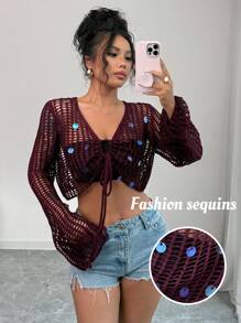 Elenzga Women's Hollow-Out Vacation Style Elegant Lace-Up Sequins Knit Cardigan, Suitable For Spring & Summer - Purple - View 3