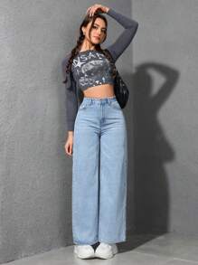 SHEIN EZwear 女士口袋阔腿宽松休闲牛仔裤 - 淺色水洗藍 - 查看 6