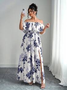 Elenzga 2025 夏季新款大码女装连衣裙，时尚花卉印花露肩荷叶边露肩收腰修身长裙，适合度假、约会、通勤、郊游和旅行 - 紫色 - 查看 2