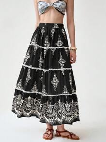Florisole Boho Floral Print Lace Skirt For Women - الأسود - مشاهدة 4