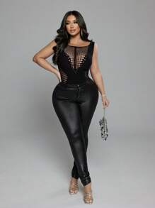 NU&NOW Plus Size Women Sexy Hollow Heart Elastic Camisole - Black - View 3