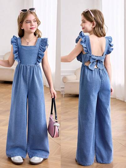 SHEIN Mono sin mangas con espalda abierta y volantes con lazo para niñas preadolescentes, estilo y ajuste casual, para verano, playa, vacaciones, estilo boho, conciertos y festivales