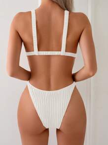 SHEIN Swim Bộ bikini gợi cảm vải họa tiết trơn màu Springbreak dành cho nữ, dây đeo vai xếp nếp ngẫu nhiên, đồ bơi đi biển mùa hè - trắng - Xem 2