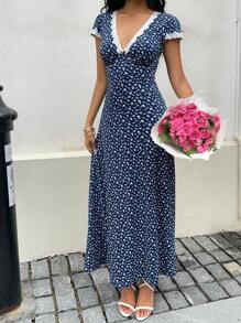 Sunnyshic 蓝色碎花拼布蕾丝 V 领高腰喇叭形长裙，优雅可爱日常休闲度假海滩派对鸡尾酒下午茶百搭女士夏季