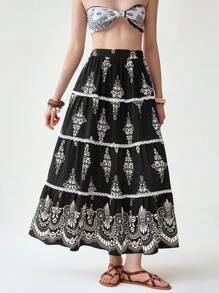 Florisole Boho Floral Print Lace Skirt For Women - الأسود - مشاهدة 1