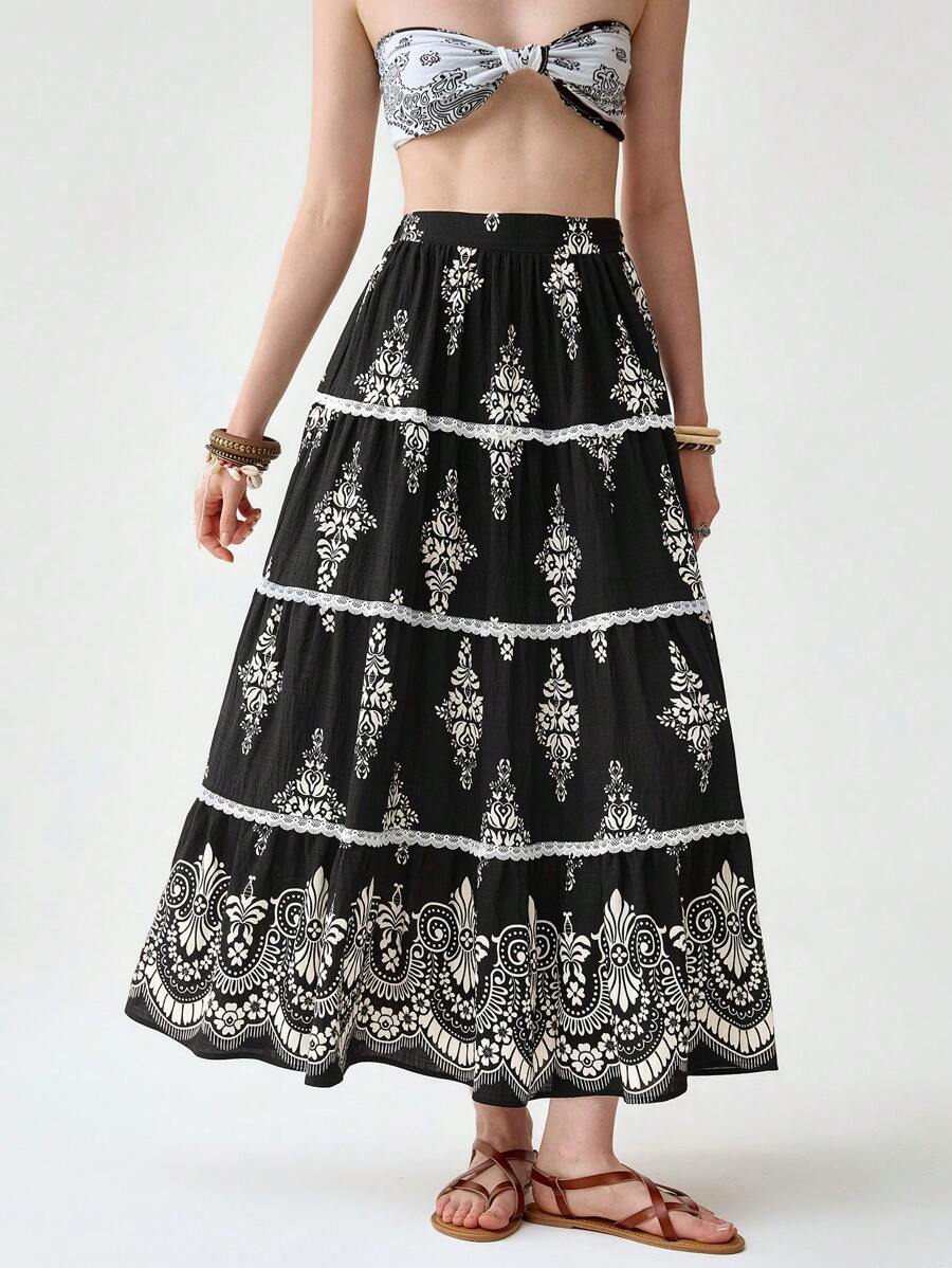 Florisole Boho Floral Print Lace Skirt For Women - الأسود - مشاهدة 1