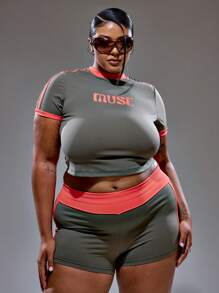 MUSERA Plus Size Women Contrast Trim "Muse" Graphic Print Fitted Baby Tee Co Ord Top Only Summer Streetstyle Vacation Holiday 90's Y2k Cute Casual City Muse
