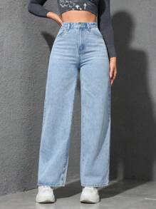 SHEIN EZwear 女士口袋阔腿宽松休闲牛仔裤 - 淺色水洗藍 - 查看 4