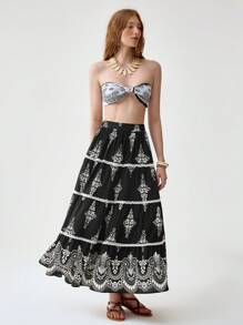Florisole Boho Floral Print Lace Skirt For Women - الأسود - مشاهدة 5