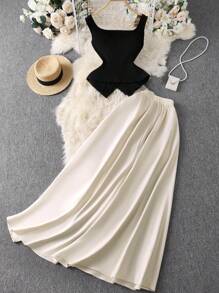 Celure Conjunto de 2 piezas para mujer talla grande con chaleco de encaje floral y falda larga, estilo vintage elegante, adecuado para uso diario, de moda para uso casual o de commuting