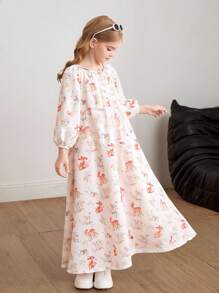 SHEIN 青少年女孩宽松休闲度假卡通图案圆领中长款荷叶边下摆罩衫连衣裙