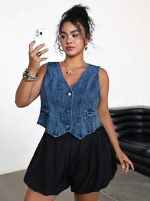 SHEIN ICON Plus Size Denim Sleeveless Vest, Casual Fitted Style, Blue,Back To School - Medium Wash - View 6