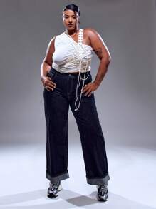 MUSERA Asymmetrisches Neckholder-Rüschen-Slinky-Ösen-Detail-Schnürung Figurbetontes Trägertop im Streetstyle-Urlaubslook der 90er Jahre Y2K, süß, lässig, City-Muse, Herbst-Winter