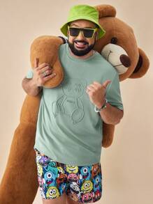 EASEVO Men's Plus Size Letter Printed Bear Embossed Stretchy Knit T-Shirt, Summer - Green - View 2