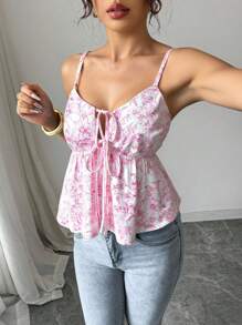 Chiquease Top camisola con estampado floral, corte crop, frente envolvente y volantes, elegante y lindo, apto para uso diario casual, viajes, playa, festivales de música, ir y venir, primavera/verano
