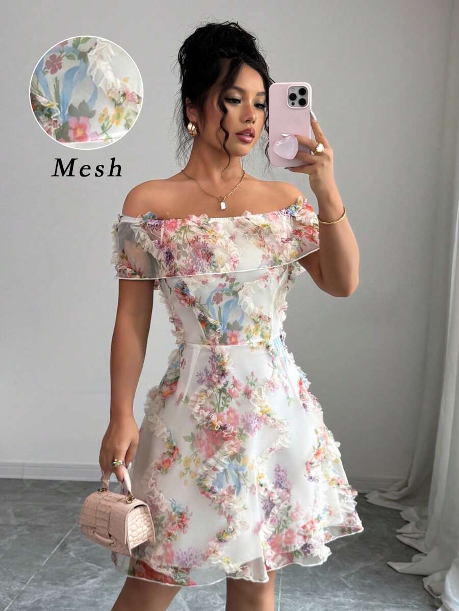 Elenzga Đầm trễ vai họa tiết hoa thanh lịch cho nữ, thiết kế thanh lịch, thắt eo, thời trang và phù hợp cho các buổi tụ họp hàng ngày, tiệc tùng, mùa xuân/hè - Nhiều màu - Xem 1