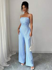 Rafferiza 女式优雅休闲条纹无袖连体裤，正面系带，褶饰细节 - 藍色 - 查看 3