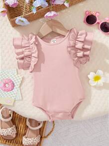 SHEIN 新生女宝宝可爱荷叶边粉色休闲连体衣，适合夏季穿着