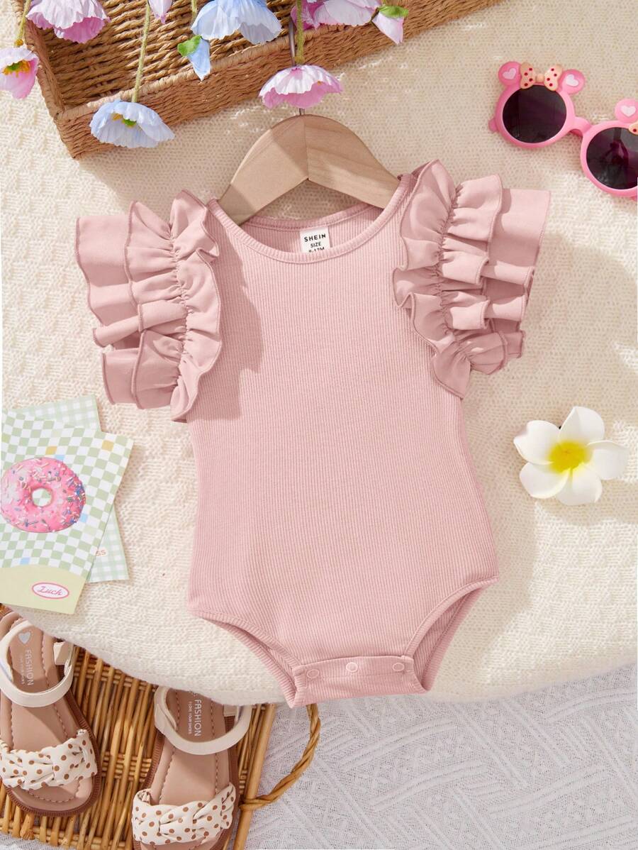 SHEIN 新生女宝宝可爱荷叶边粉色休闲连体衣，适合夏季穿着