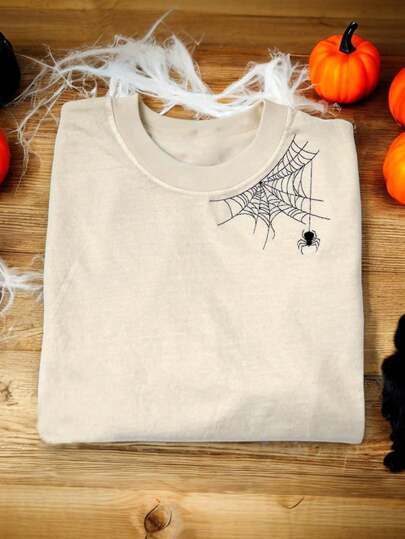 Embroidered Spider Shirt, Halloween T-Shirt, Horror Season, Spider Shirt, Women's Round Neck Halloween Embroidery Design T-Shirt