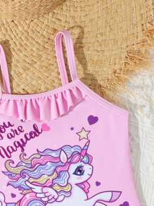 Traje de baño de una pieza para niñas, con tirantes ajustables, volantes, diseño de unicornio y aberturas de piernas con volantes